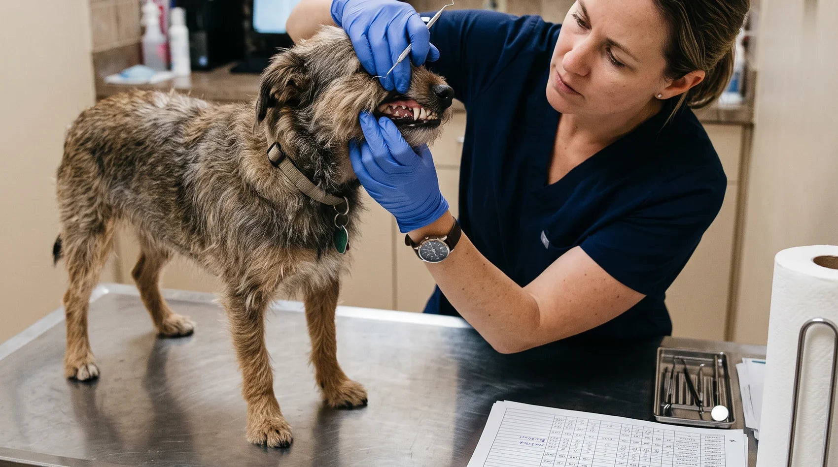 A veterinarian lifting a dog's lip to look at the teeth, the printed dose panel on the table beside them