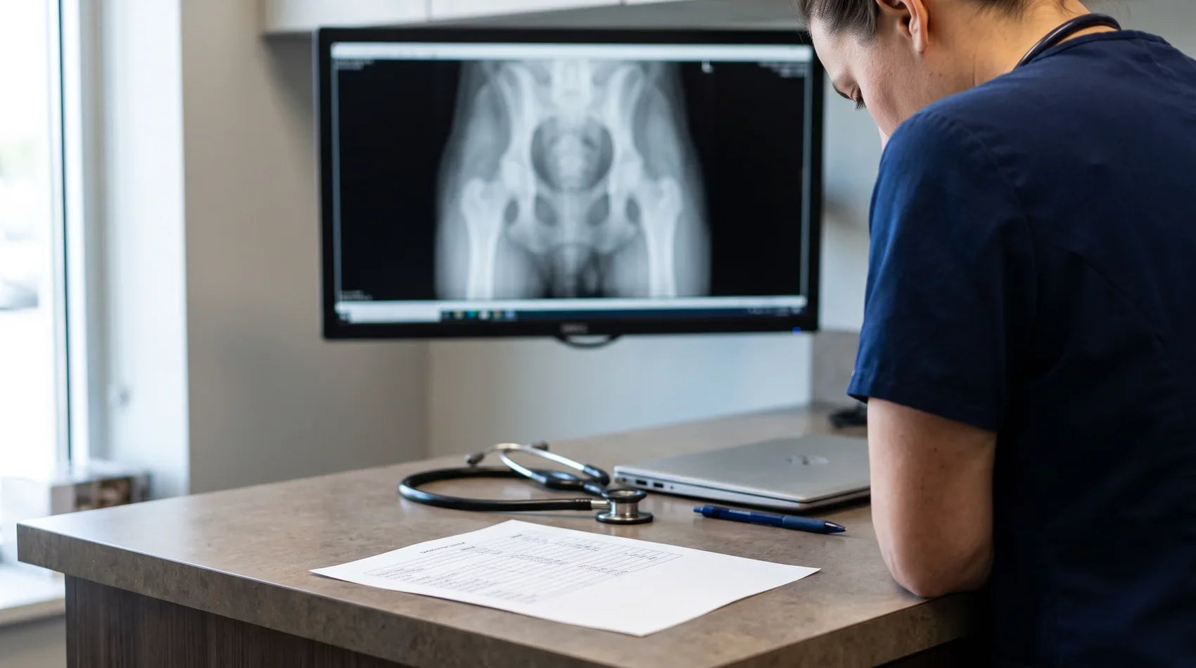 A veterinarian at a clinic workstation, the printed dose panel on the desk in front of them