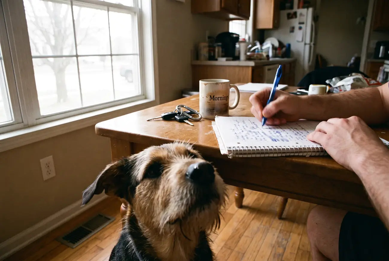 Owner writing in a notebook at a kitchen table with a dog nearby
