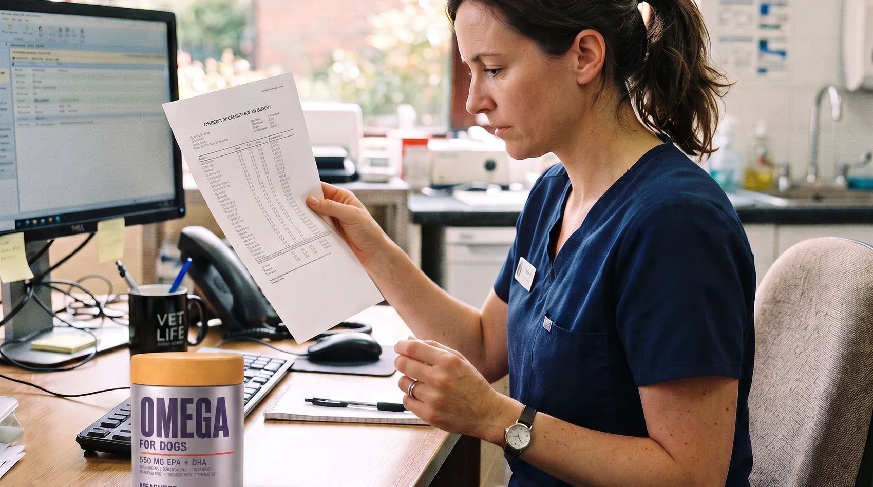 A veterinarian reading a printed certificate of analysis, a brown glass fish oil bottle on the desk beside it